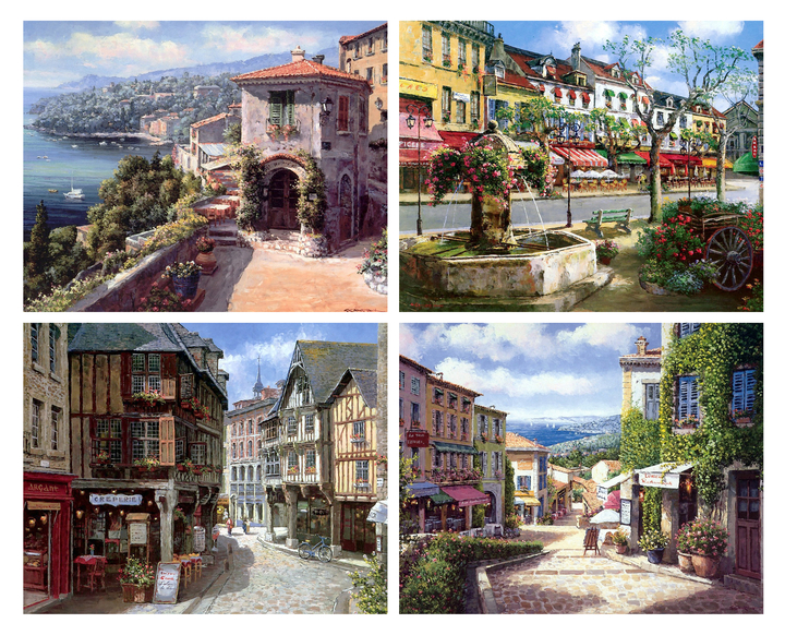 Tranh sơn dầu phong cảnh nghệ thuật 4 bức tranh thành phố Châu Âu thơ mộng  9351 